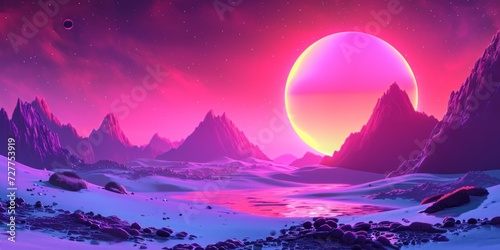 Retro wave and synthwave digital landscape, Vaporwave, synthwave retro style neon landscape background with palms, sunset