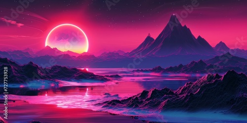 Retro wave and synthwave digital landscape  Vaporwave  synthwave retro style neon landscape background with palms  sunset