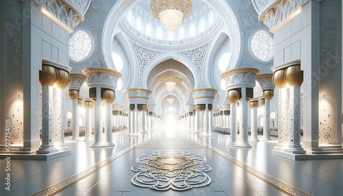 The interior of the mosque is white and gold. It looks majestic and beautiful for Muslim worship.