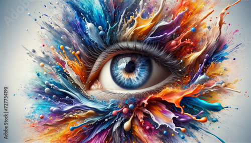 Artistic rendering of a human eye surrounded by a dynamic and colorful explosion of paint splatters, symbolizing creativity, vision and perception. Vision concept. AI generated.