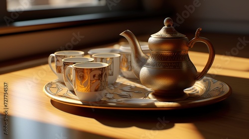 Tea set on a table in a cafe.