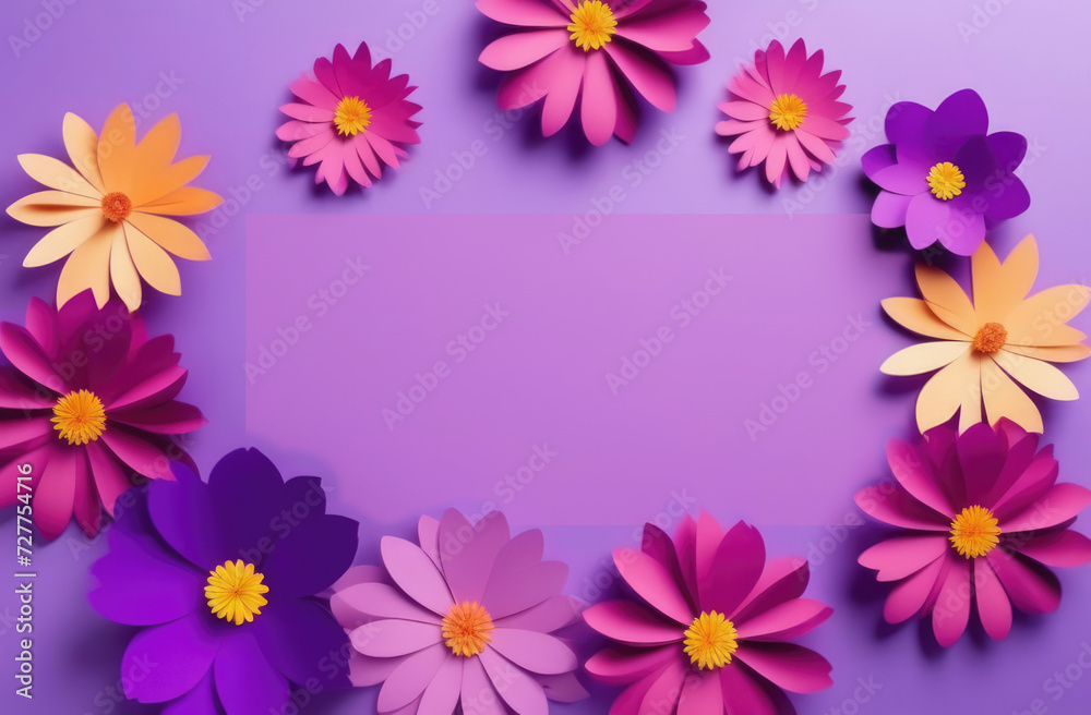 Colorful paper flowers on purple background with copy space. Colorful paper flowers on purple background with copy space.