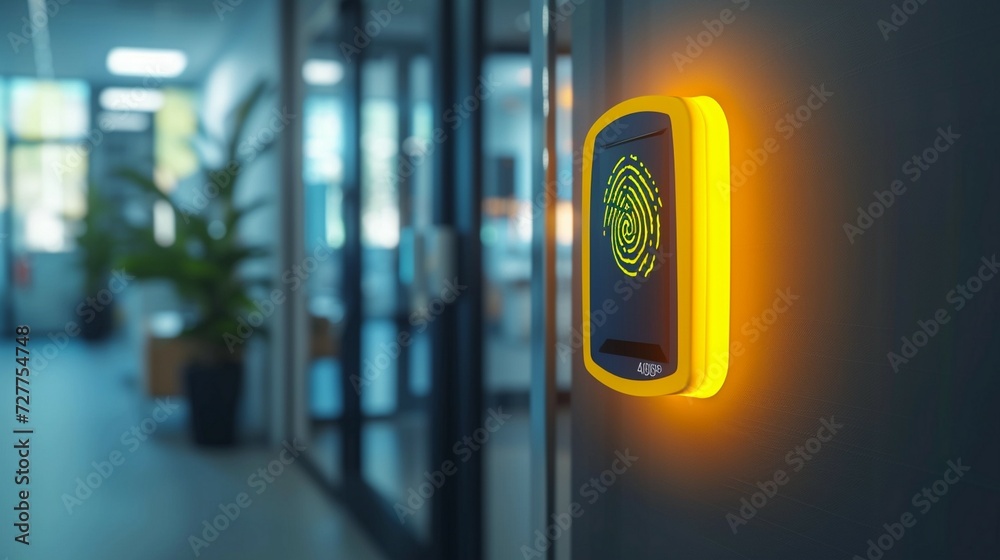 Finger print scan access control system machine on wall near entrance door office generated by ai Finger print scan access control system machine on wall near entrance door office generated by ai