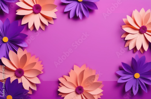 Colorful paper flowers on purple background with copy space. 