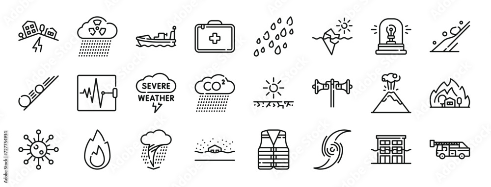set of 24 outline web natural disaster icons such as earthquake, acid ...