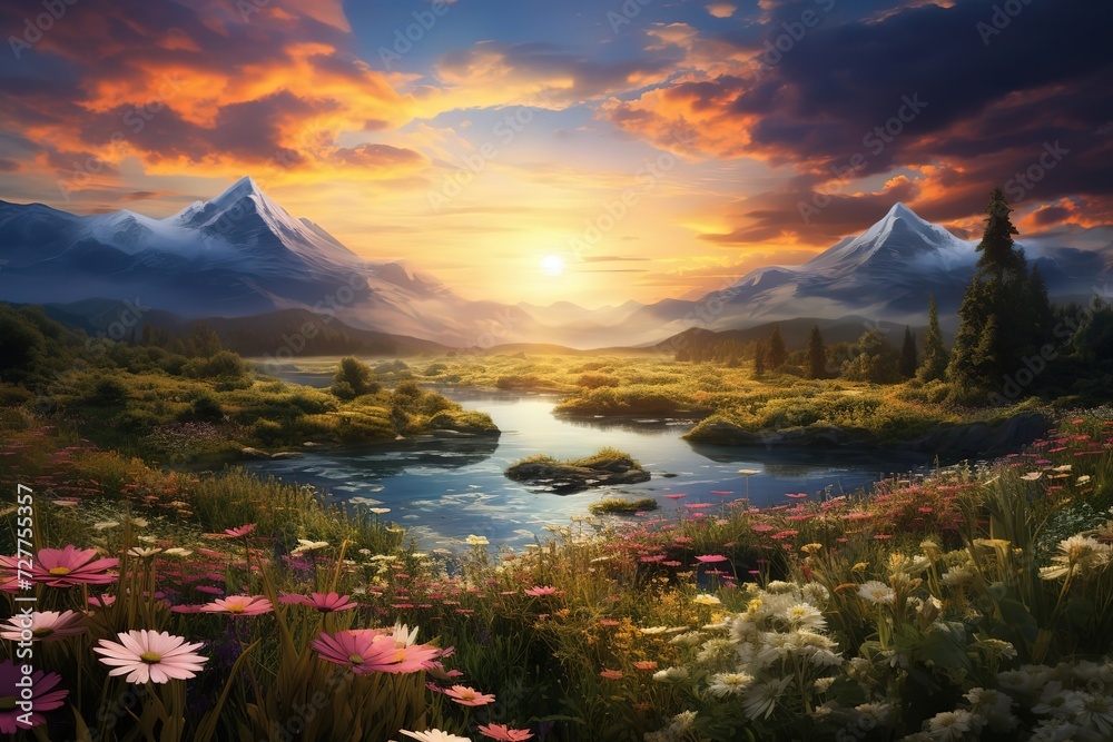 sunset over the river Ai generative HD 8K wallpaper Stock Photographic ...