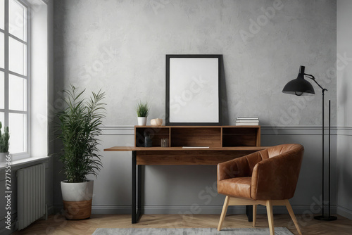 Modern Home Office Mockup - Frame on Living Room Wall, Stylish Interior Design. 