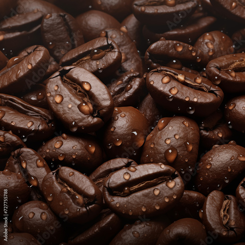Close-up of roasted coffee beans scattered on a dark background, highlighting their rich aroma and caffeine content photo