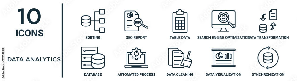 data analytics outline icon set such as thin line sorting, table data ...