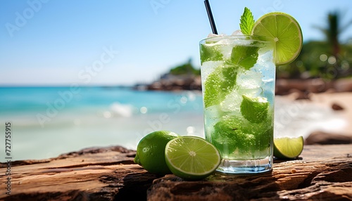 Mojito cocktail on the beach with limes and mint. Mojito drink on a tropical beach during summer time. Mojito in glass with straw. Rum and lime with mint