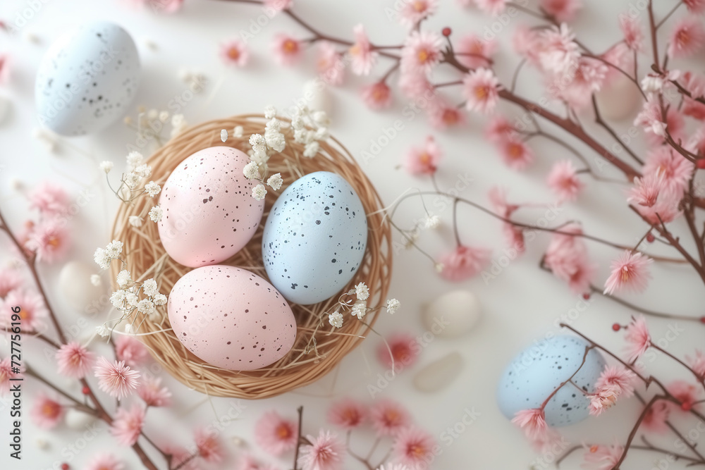 Easter eggs with flowers on a light background, colorful eggs for Easte Easter eggs with flowers on a light background, colorful eggs for Easte