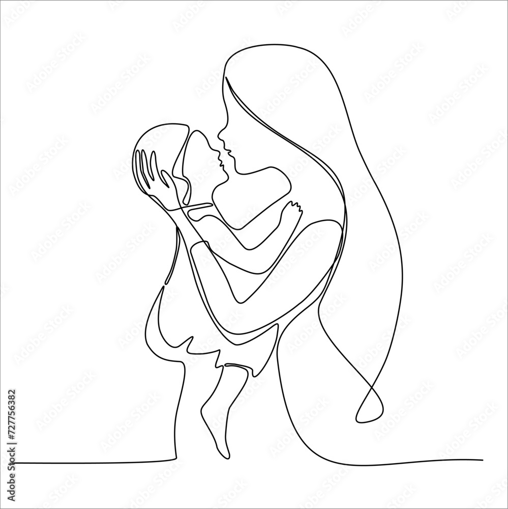 Continuous line drawing of a young single mother accompanying her daughter to study at home. Happy family parenting concept. Stylish one line drawing design vector illustration Continuous line drawing of a young single mother accompanying her daughter to study at home. Happy family parenting concept. Stylish one line drawing design vector illustration
