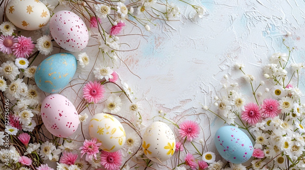 White textured, horizontal, Easter banner with the image of pastel-colored chicken eggs and various colors, space for text, generative AI.  - obrazy, fototapety, plakaty 