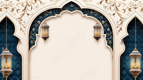 Ramadan Kareem White and Golden Luxury Islamic Ornamental Background - Decorative Hanging Lantern Ornament with Islamic Border