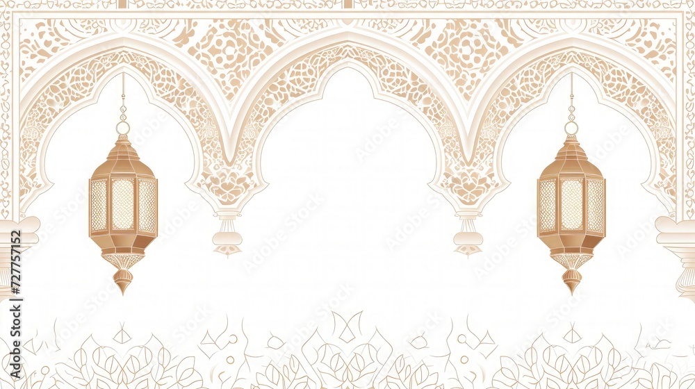 Fototapeta premium Ramadan Kareem White and Golden Luxury Islamic Ornamental Background - Decorative Hanging Lantern Ornament with Islamic Border