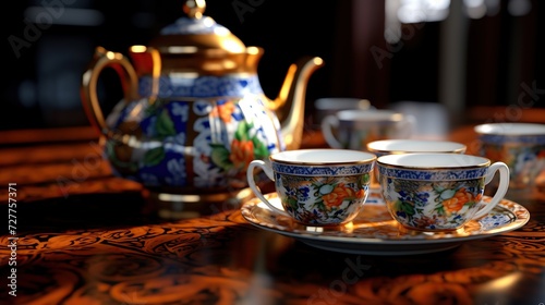 Tea set on the wooden table. Teapot and cups. photo