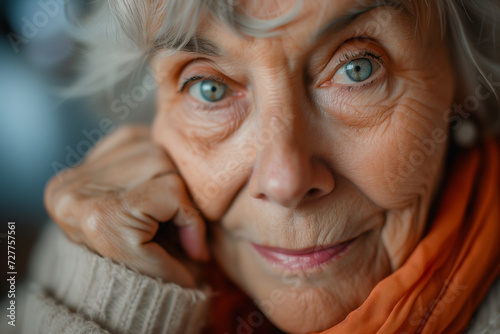 Beautiful senior caucasian woman looking at the camera. Close up face portrait. Natural view. 