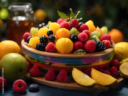 Colorful fruit platter with lemon, raspberry, blueberry, blackberry, orange, kiwi and jar of honey on the wooden table.