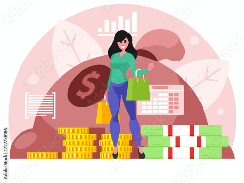 Woman with shopping bags. Fashionable woman holding packages with clothes after shopping. Bag with money. Stacks of bills and gold coins. Vector graphics