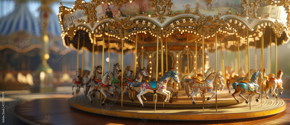 A golden carousel gleams in the sunlight, its horses frozen mid-gallop, evoking childhood nostalgia and timeless joy
