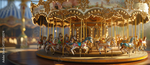 A golden carousel gleams in the sunlight, its horses frozen mid-gallop, evoking childhood nostalgia and timeless joy © Ai Studio