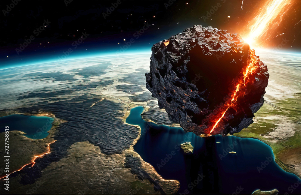 Asteroid falling on planet earth. - obrazy, fototapety, plakaty 