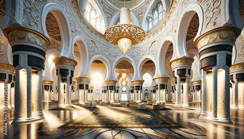 The interior of the mosque is white and gold. It looks majestic and beautiful for Muslim worship.