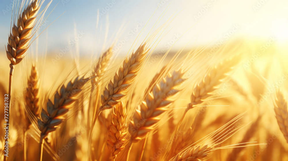 Close up of ripe golden wheat ears, field of wheat in a summer day, sun flare. Harvesting period. Generative AI Close up of ripe golden wheat ears, field of wheat in a summer day, sun flare. Harvesting period. Generative AI