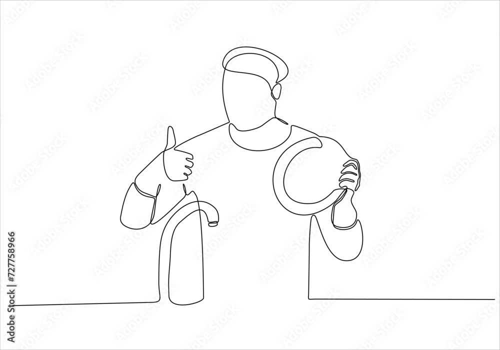 continuous line of men washing dishes with a thumbs up