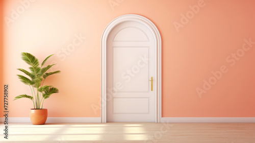 Peach fizz colored interior, empty room with door, lots of sunlight. Minimalistic contemporary concept. Generative AI © AngrySun