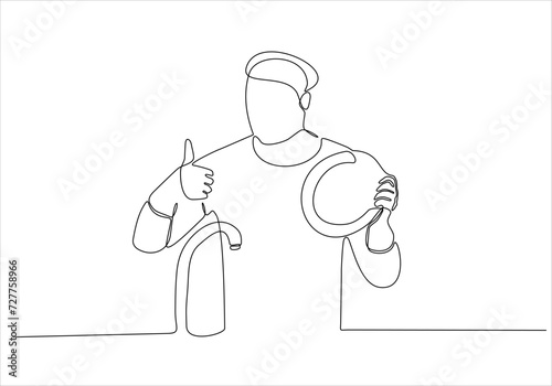 continuous line of men washing dishes with a thumbs up