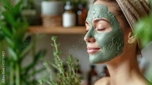 A young woman applied a green mask to her face, against the backdrop of a bathroom, natural daylight. Spa, beauty, facial care concept.
