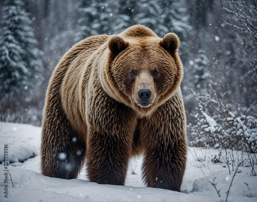 Brown bear in winter forest, walking. Snowfall, blizzard. 