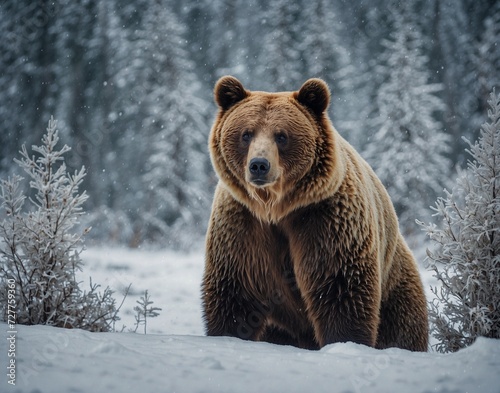 Brown bear in winter forest, walking. Snowfall, blizzard. 