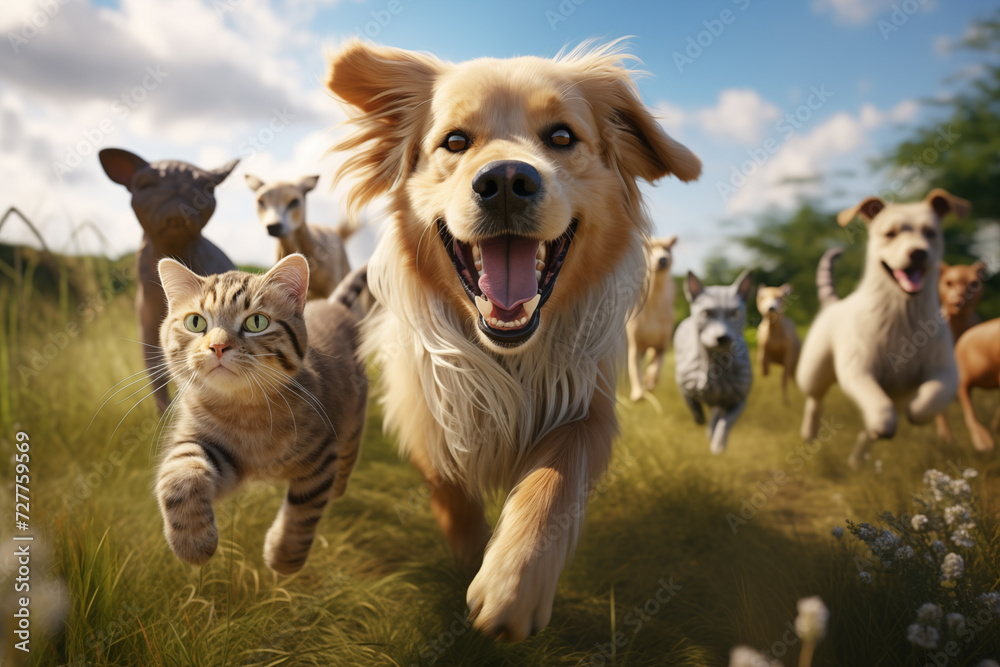 playful dogs and cats frolicking amidst green grass, surrounded by their cheerful companions in a joyful group 