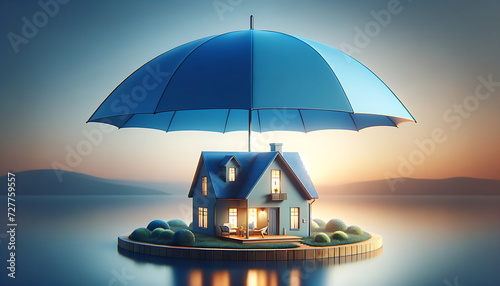 A house with an blue umbrella on top, symbolizing home insurance and Protection concept photo
