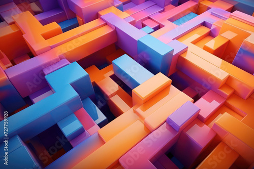 Geometric Abstract Cubic Structure  A Vibrant Puzzle of Colors and Shapes on a Pixelated Isometric Playground