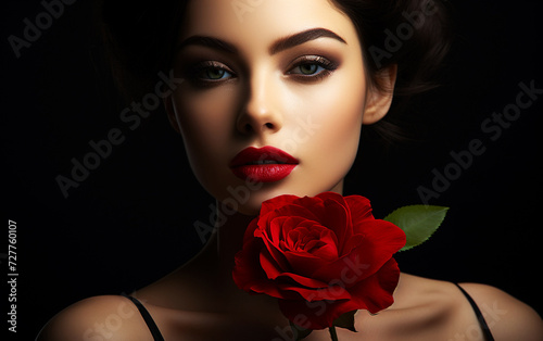Crimson Allure: High Detail Red Rose and Model Lips Close-up