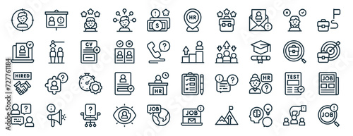 set of 40 outline web hiring process icons such as presentation, laptop, new hire, interview, job search, job, hr icons for report, presentation, diagram, web design, mobile app