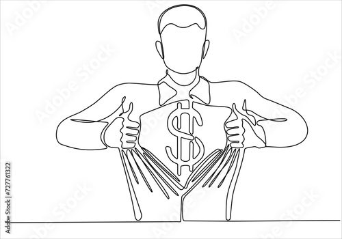 continuous line drawing of a superhero business man tearing his shirt showing his costume chest underneath with dollar sign vector illustration
