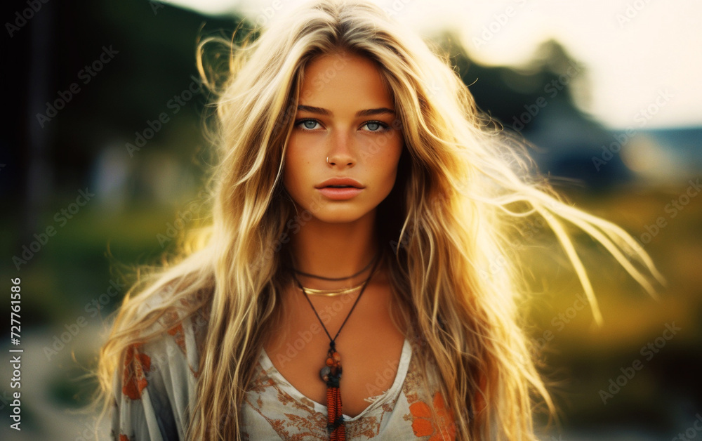 Fototapeta premium Small Town Serenity: High Detail Portrait of a Relaxed Young Woman in a Hippie Summer Dress