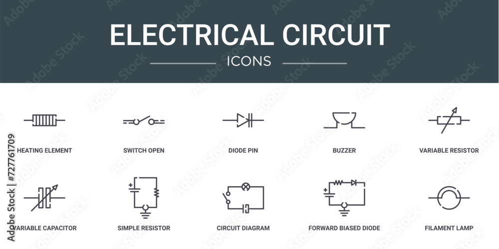 set of 10 outline web electrical circuit icons such as heating element