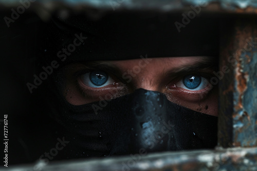 Visible through the mask, the vigilante's eyes reflect unwavering determination, conveying a resolute commitment to justice and a relentless pursuit of those who prey on the innoce photo