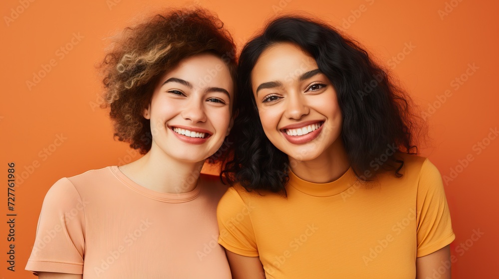 Young Friends Smiling in Orange Background Generative AI Young Friends Smiling in Orange Background Generative AI