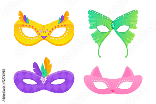 Set of carnival masks owl, cat, feathers and butterfly, for masquerade, purim and mardi gras. On a white isolated background