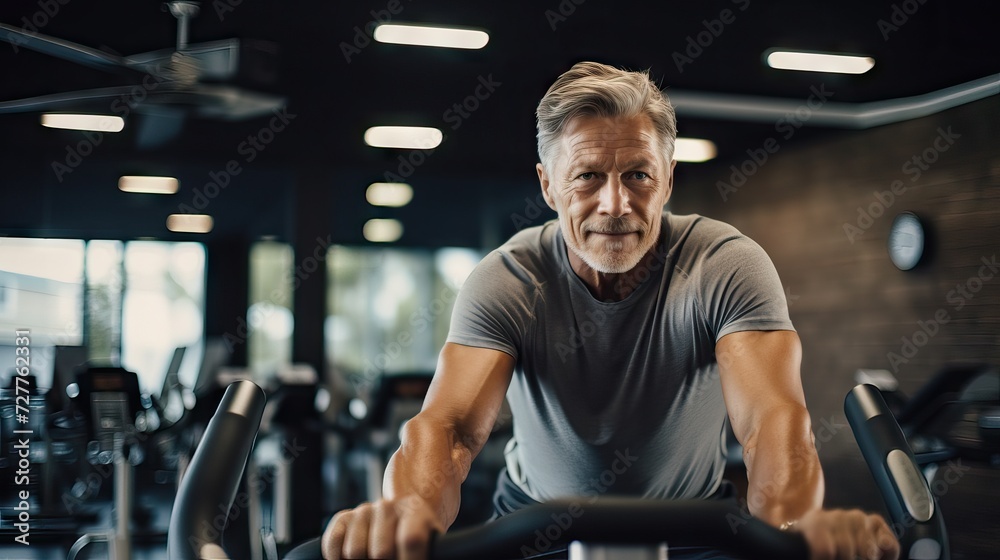man exercising on stationary bike in gym, minimalistic cinematic Generative AI