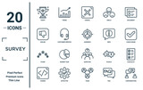 survey linear icon set. includes thin line tropy, dislike, stars, coding, conversation, audience, checklist icons for report, presentation, diagram, web design