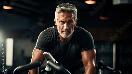 man exercising on stationary bike in gym, minimalistic cinematic Generative AI © AlexandraRooss