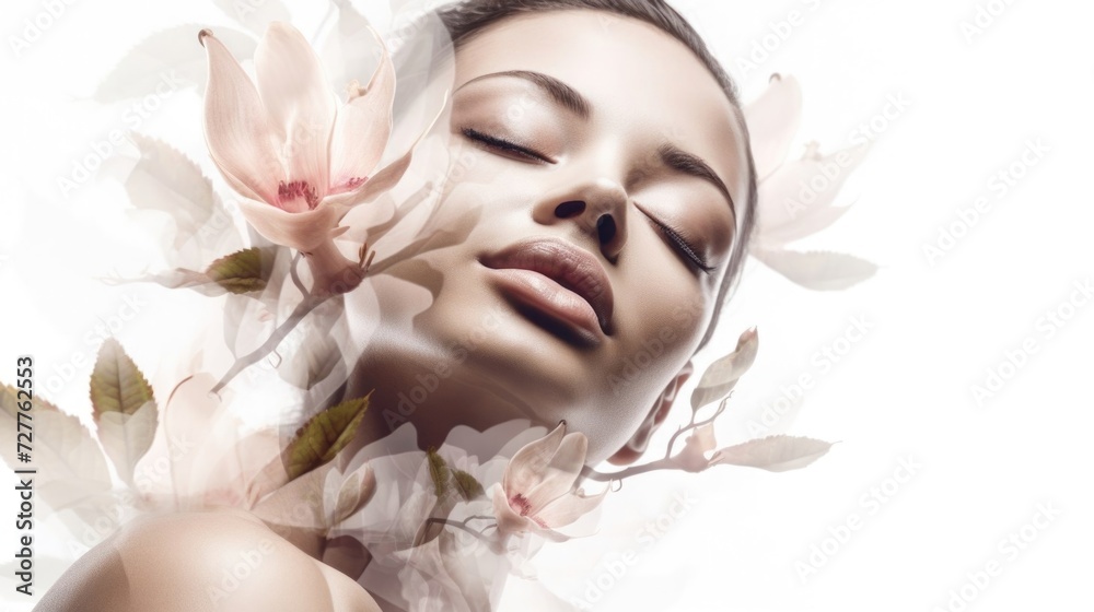Double composition portrait of a mulatto woman with close eyes and light brown flowers. Close up. Double composition portrait of a mulatto woman with close eyes and light brown flowers. Close up.
