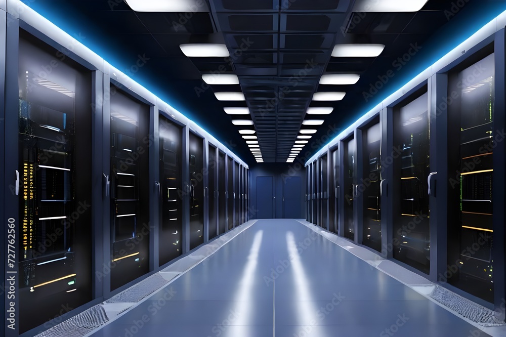 Fototapeta premium Closeup of server room corridor with glowing lights. Internet of things, big data protection, storage, cryptocurrency farm, cloud computing, detailed visualization, data flow, saas, cloud storage conc